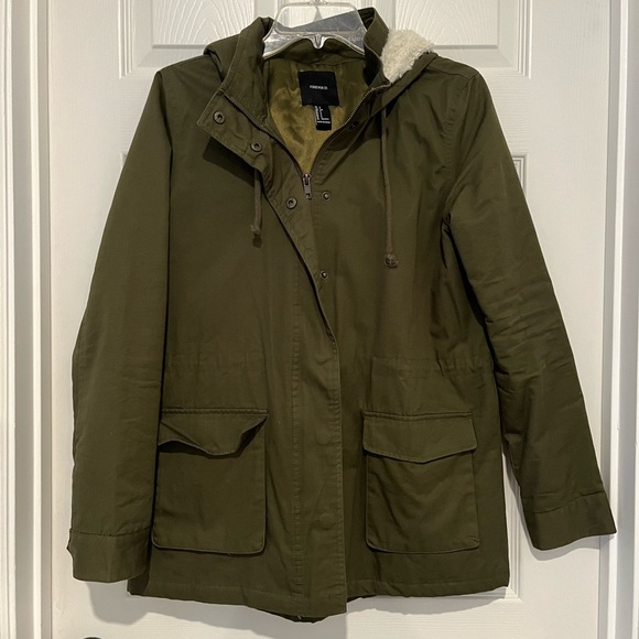 Forever 21 Olive Utility Jacket with Shearling Hood Size S - Picture 3 of 7